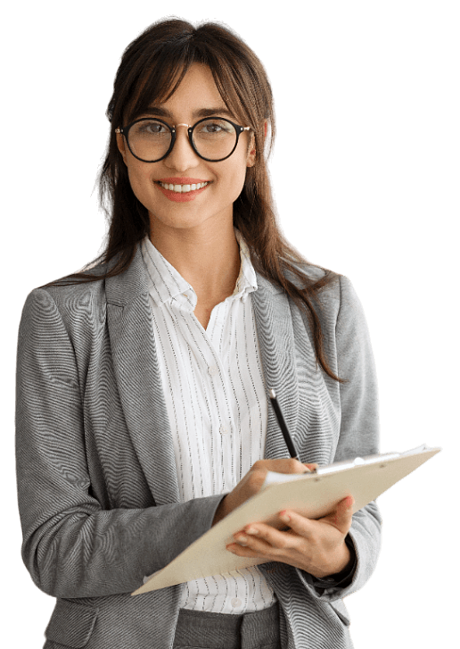 woman smiling while holding paper works